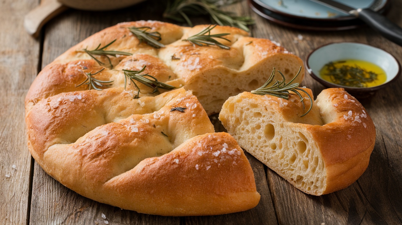 A loaf of focaccia bread sliced, topped with rosemary and sea salt, served on a wooden table with olive oil.